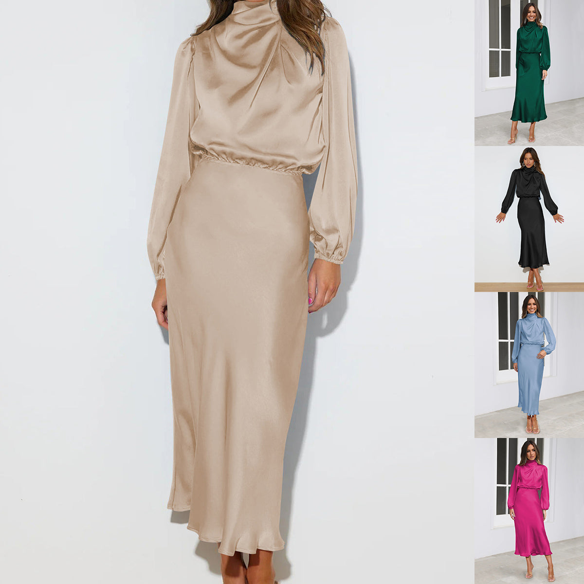 Elegant Temperament Long-sleeved Women Dress Satin Halterneck Formal Evening