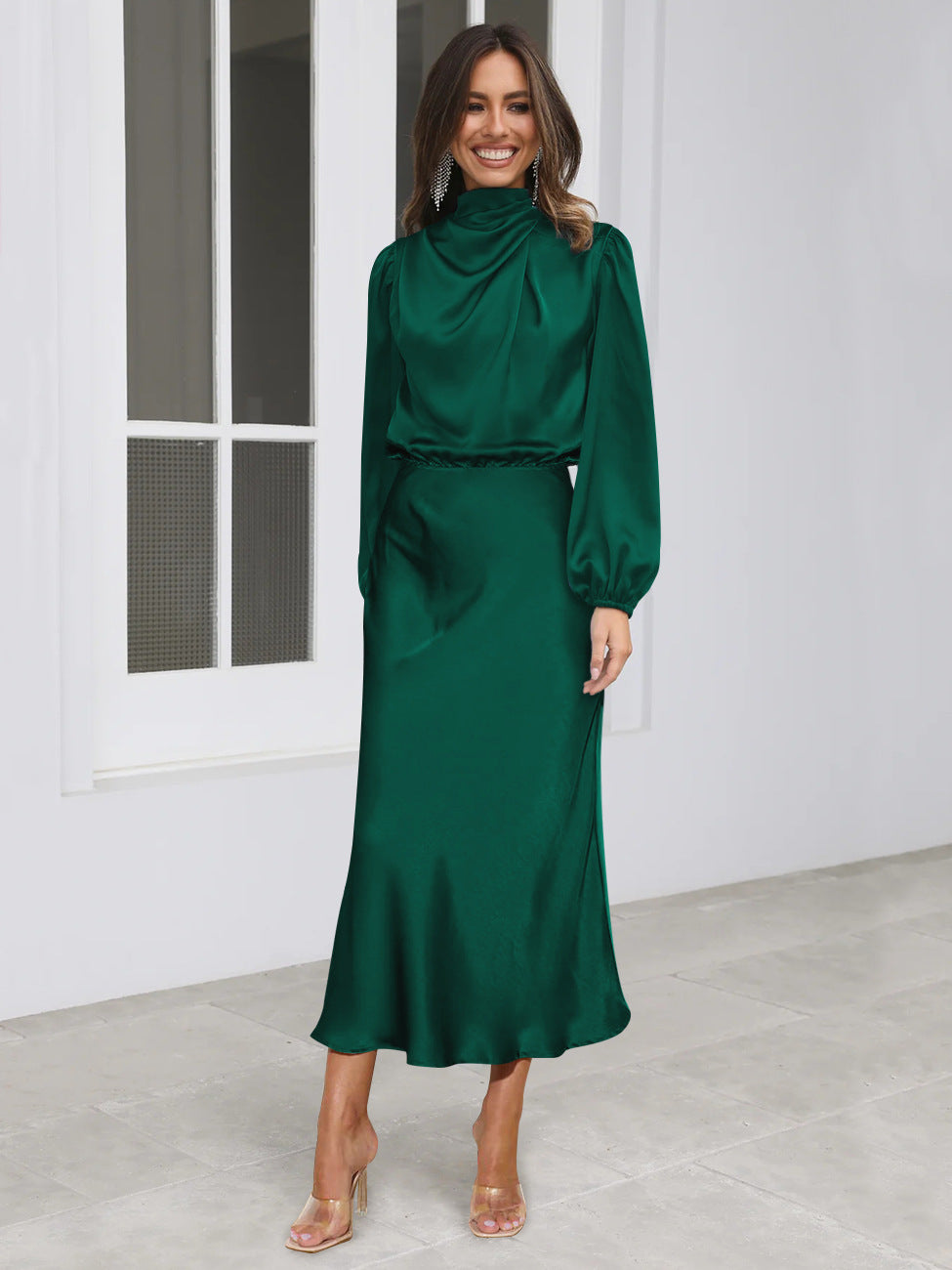 Elegant Temperament Long-sleeved Women Dress Satin Halterneck Formal Evening