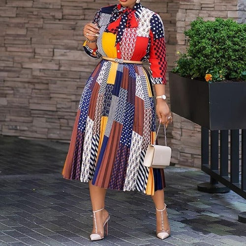 Oversized Nine-Sleeve Pleated Printed Dress