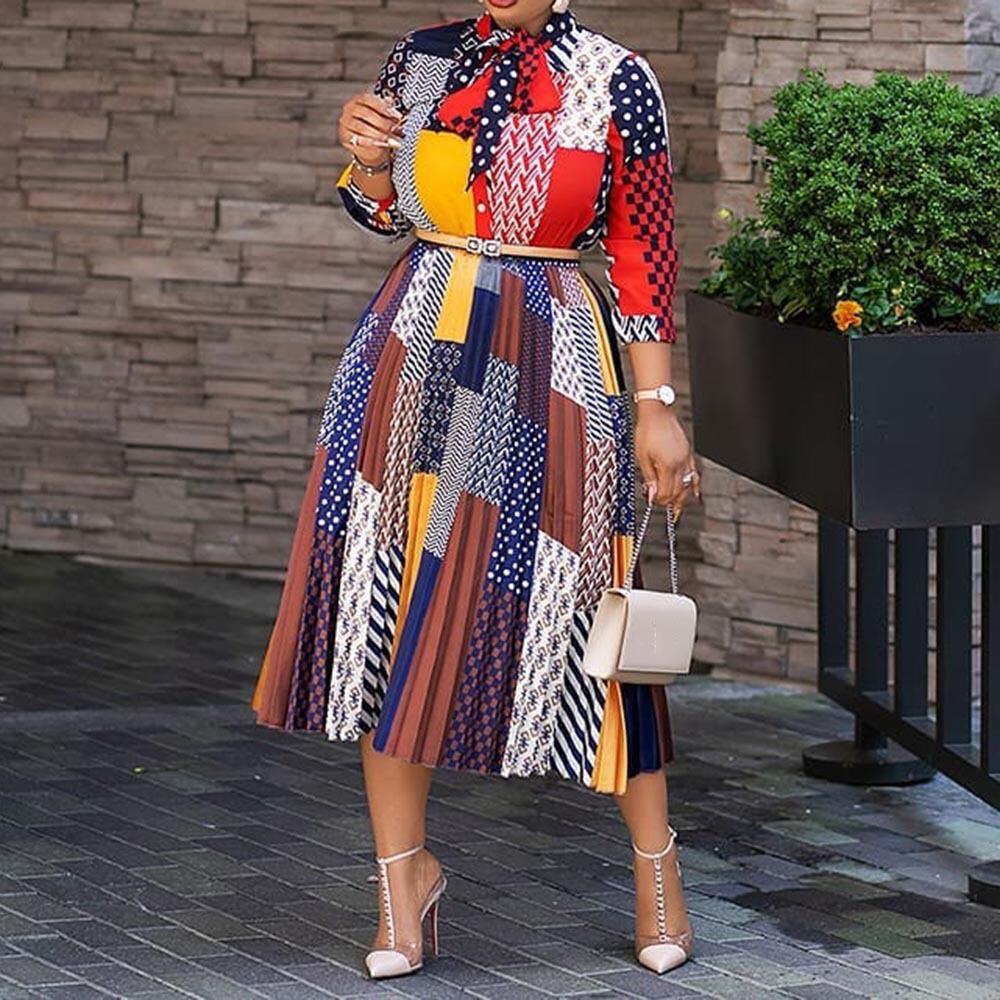 Oversized Nine-Sleeve Pleated Printed Dress