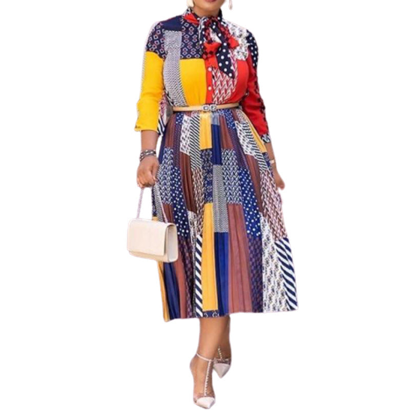 Oversized Nine-Sleeve Pleated Printed Dress