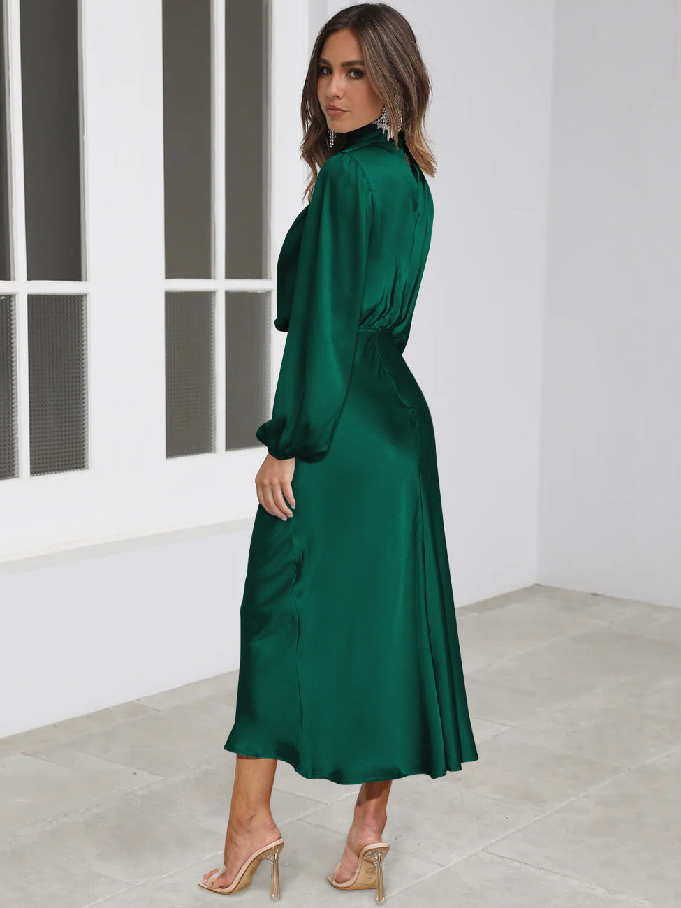 Elegant Temperament Long-sleeved Women Dress Satin Halterneck Formal Evening