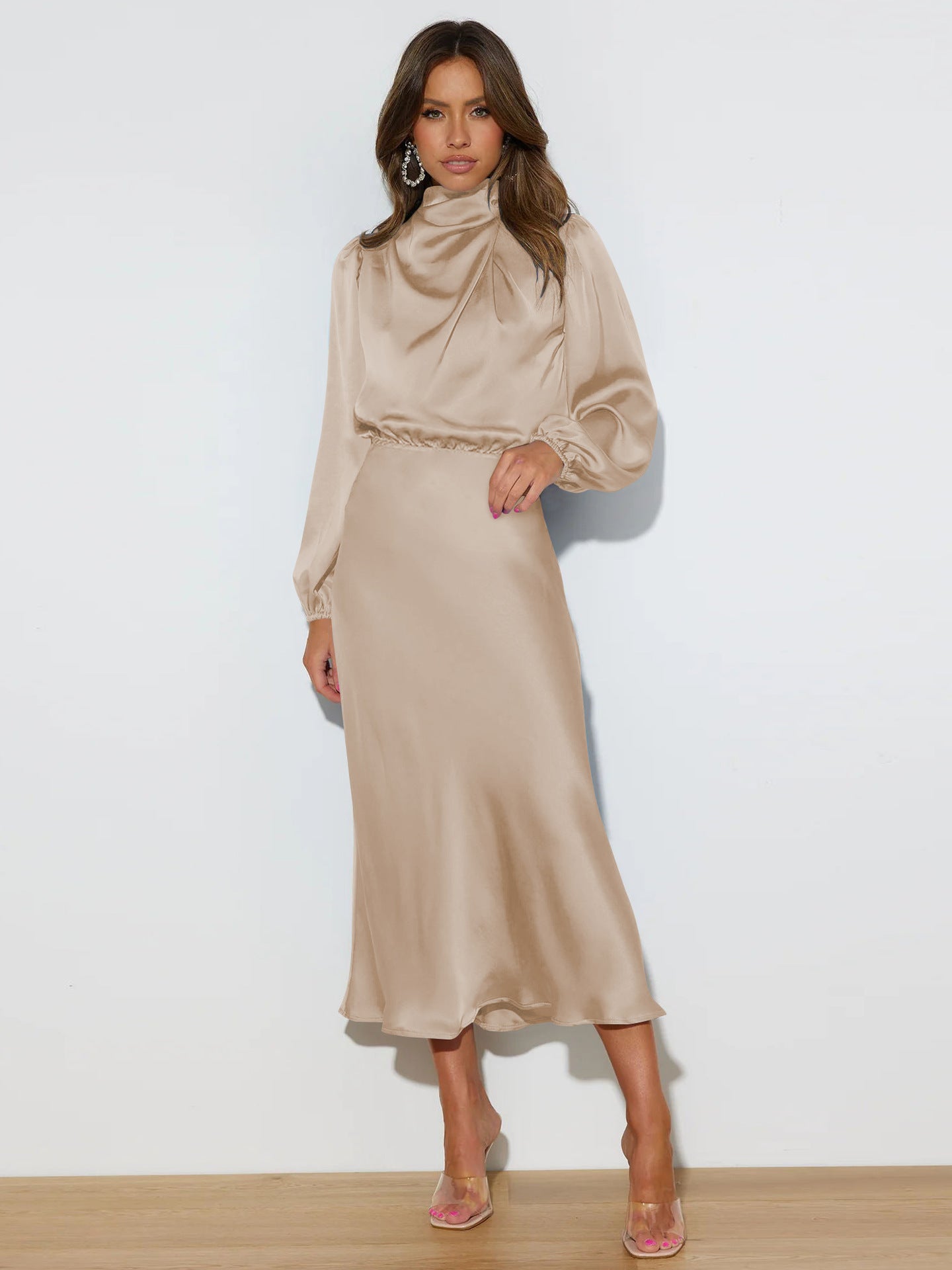 Elegant Temperament Long-sleeved Women Dress Satin Halterneck Formal Evening
