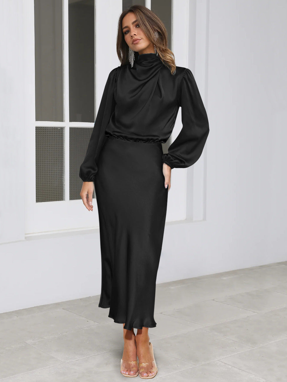 Elegant Temperament Long-sleeved Women Dress Satin Halterneck Formal Evening