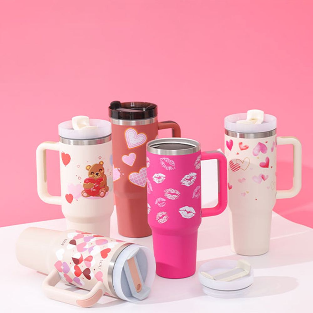 40 Oz Tumbler With Handle Straw, Stainless Steel Mug Gifts For Valentine Lover ,For Car Gym Office Travel