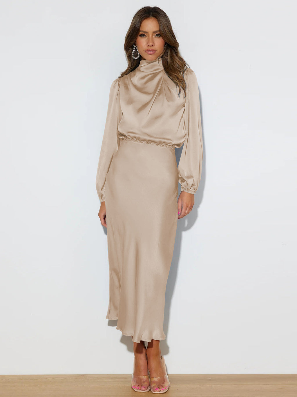 Elegant Temperament Long-sleeved Women Dress Satin Halterneck Formal Evening