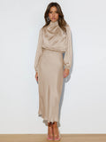 Elegant Temperament Long-sleeved Women Dress Satin Halterneck Formal Evening